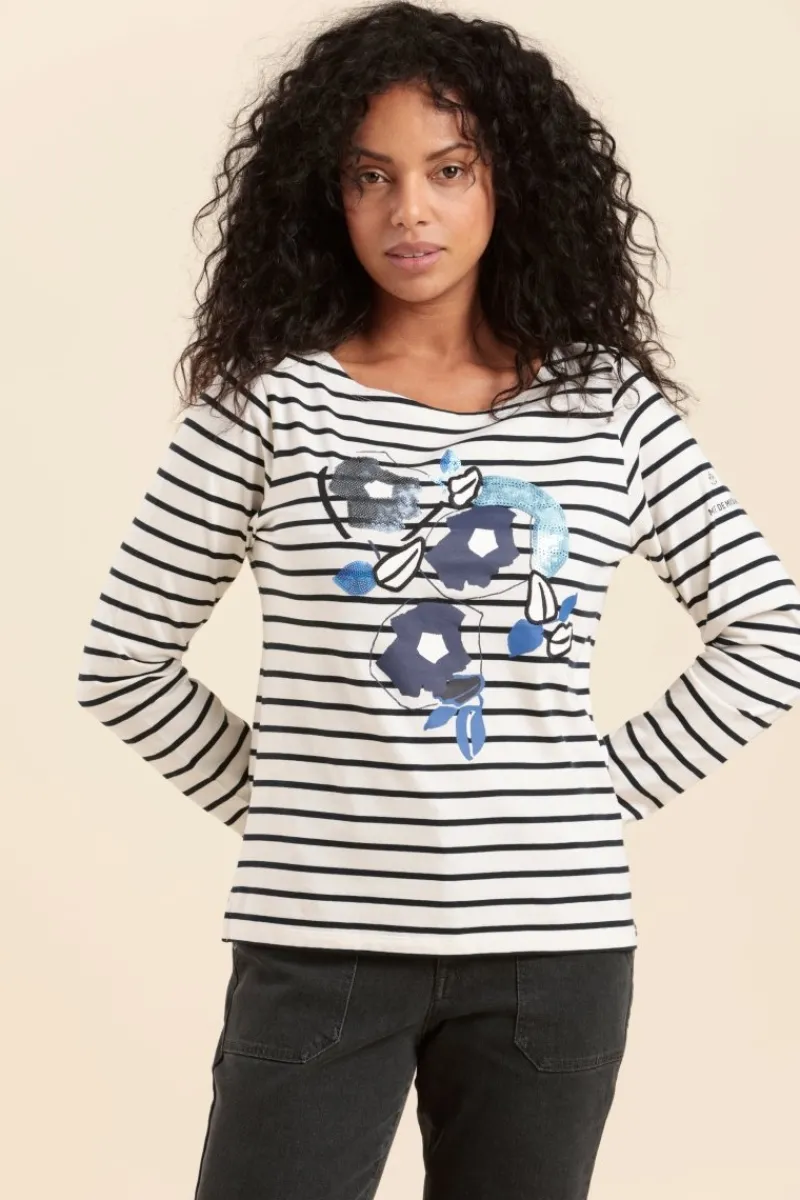 Outlet mariniere avec serigraphie fleurs bleues Femme Marinières